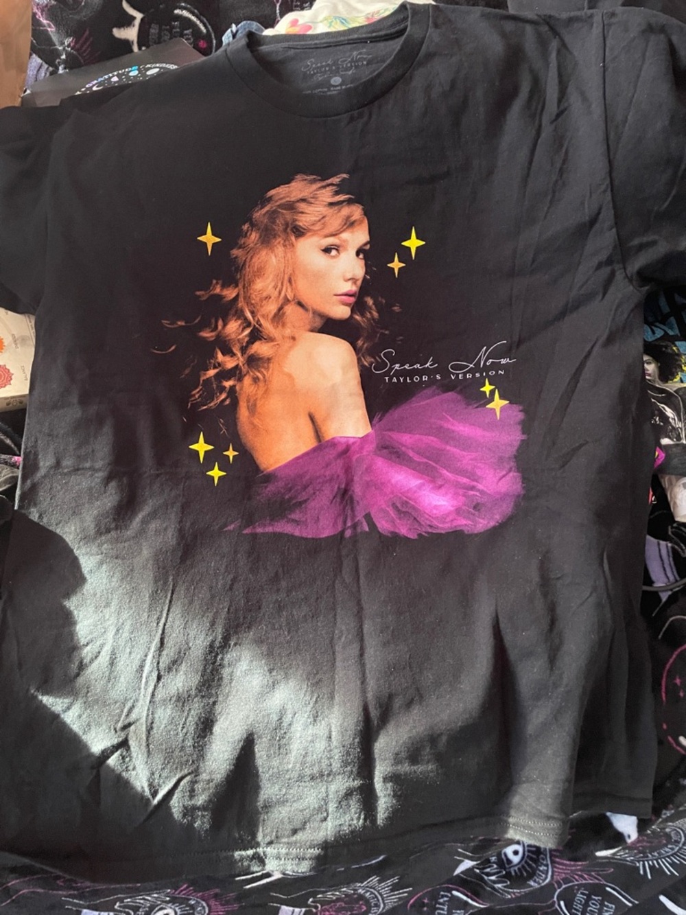 Taylor Swift Black Tee with Purple and Yellow Graphic